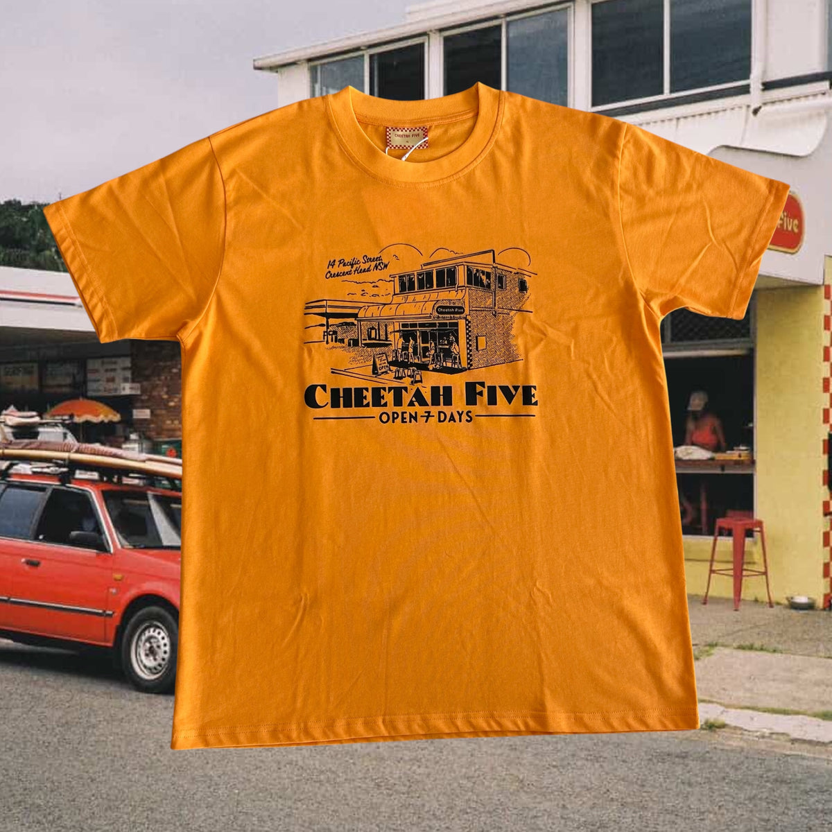 Cheetah Five Shop Front Tee - ORANGE BLACK PRINT