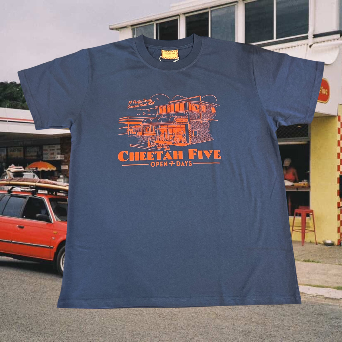 Cheetah Five Shop Front Tee - BLUE WITH RED PRINT