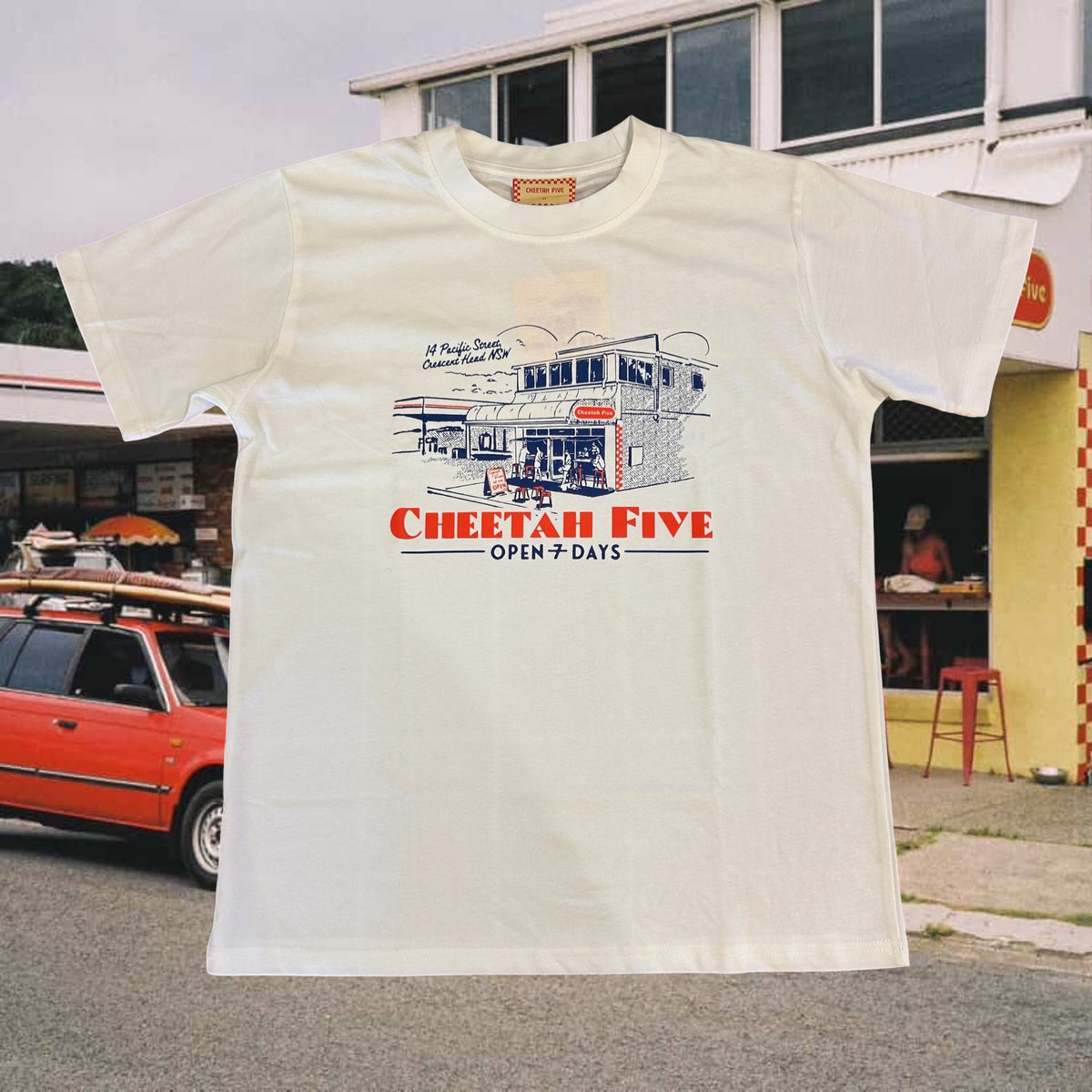 Cheetah Five Shop Front Tee - WHITE WITH RED BLUE PRINT
