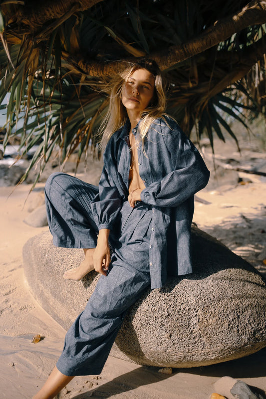 The Bare Road Yumi Shirt - NAVY PINSTRIPE