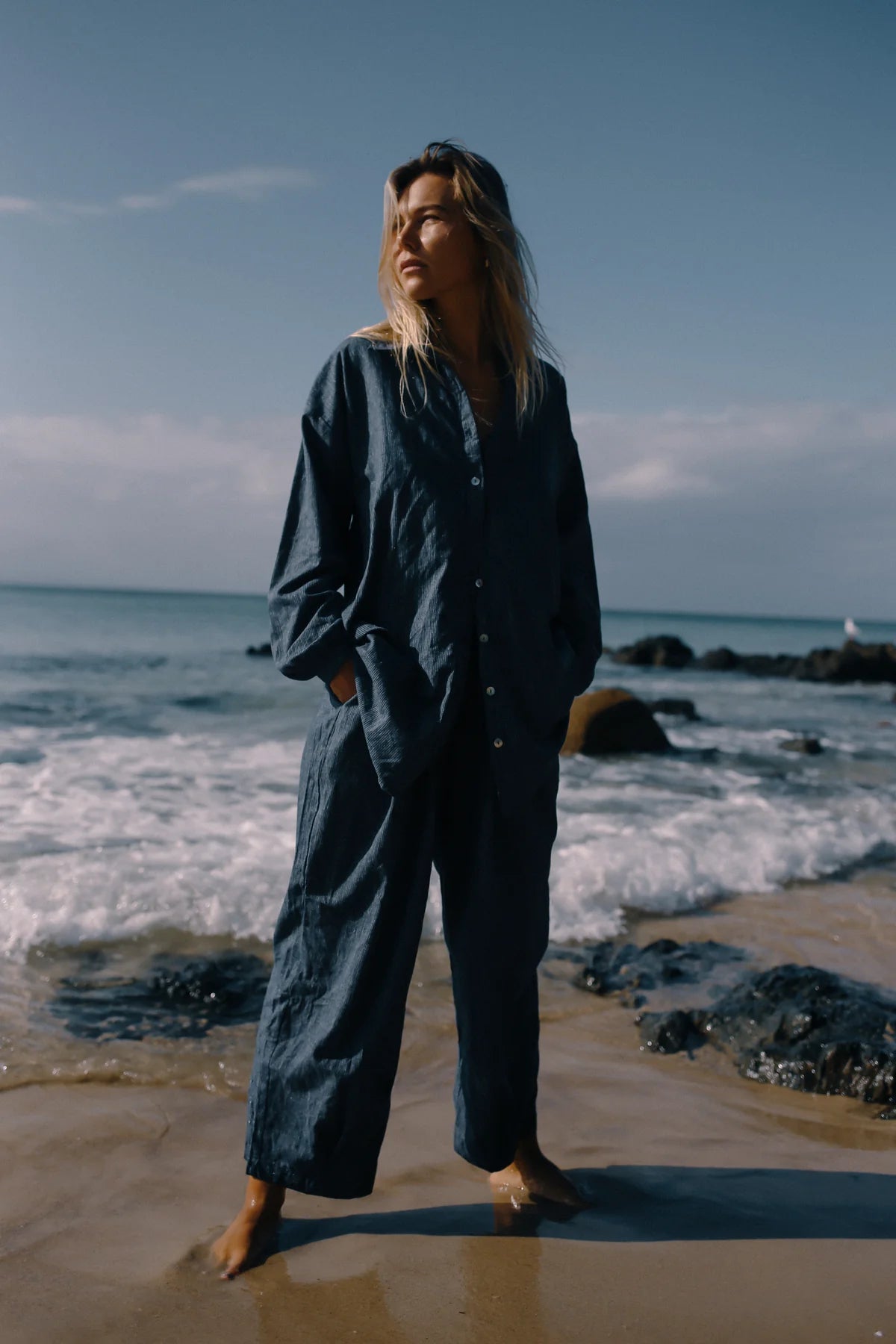 The Bare Road Yumi Shirt - NAVY PINSTRIPE